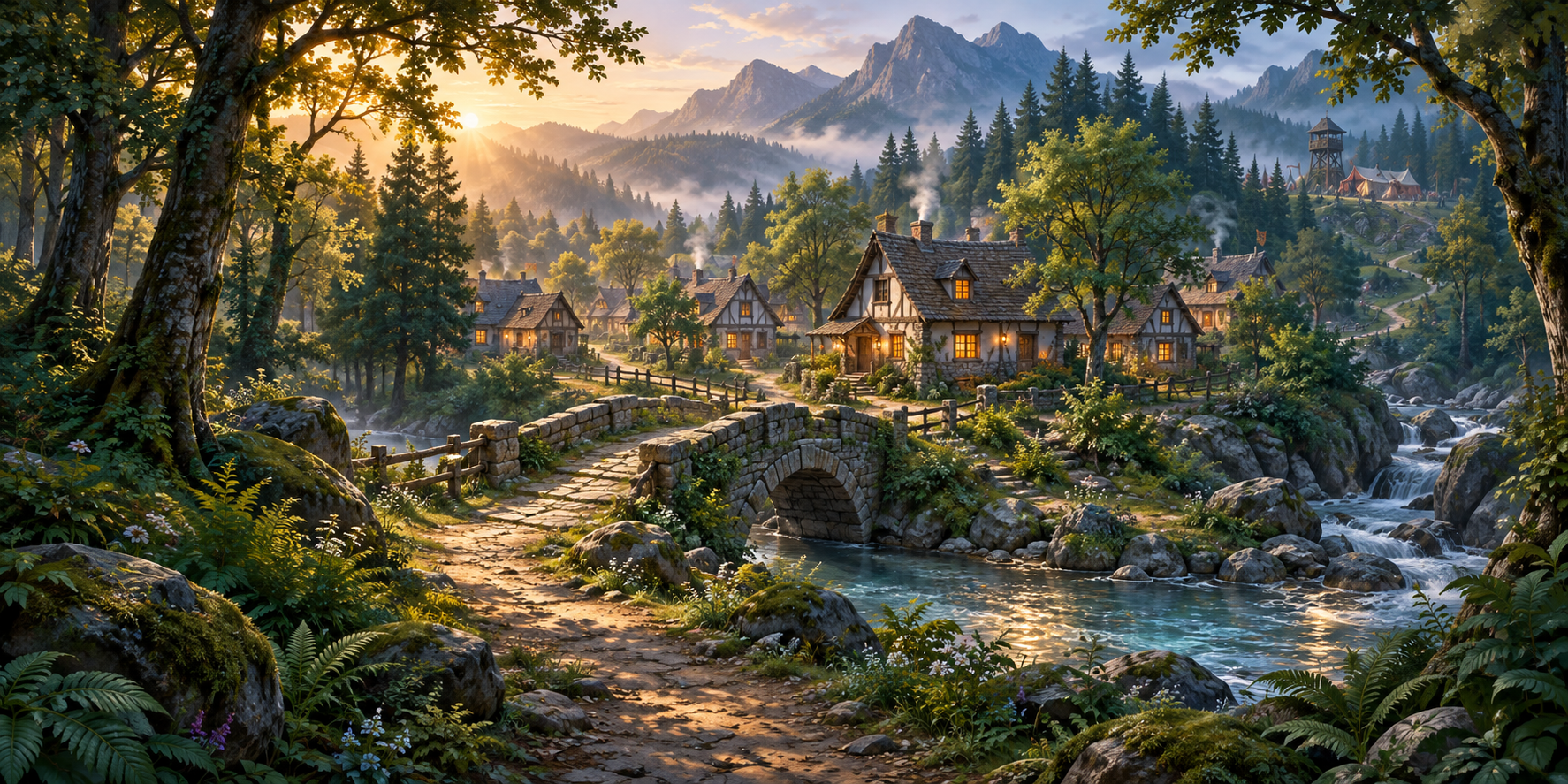 A forest trail crosses a stone bridge toward a timber village